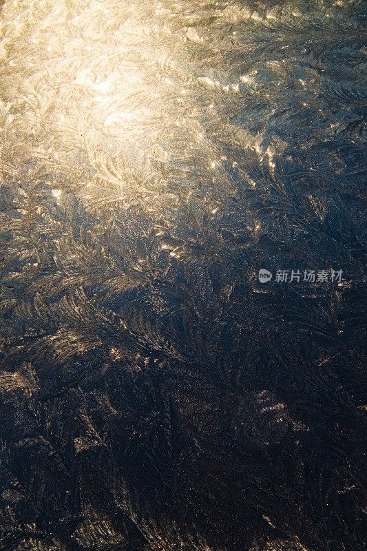 抽象的几何冻结设计，由冷风在冰冻的池塘表面反射太阳在寒冷的冬天