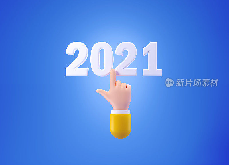 卡通风格的人手点击超过2021蓝色背景