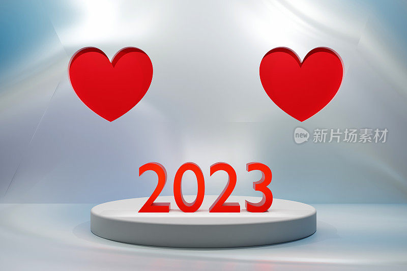 2023新年概念，2023号在台座台台上用红心装点