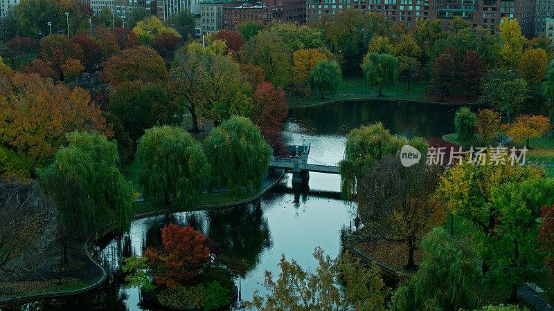 无人机拍摄的波士顿公共花园的日出