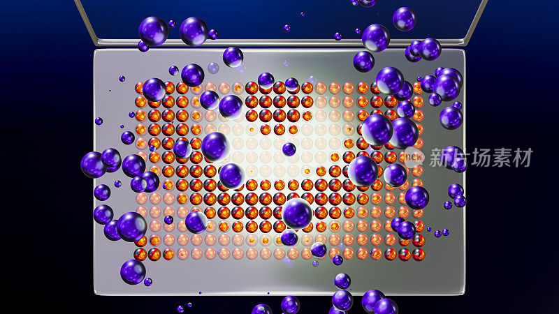 量子计算机笔记本电脑，紫色原子或量子和橙色键盘