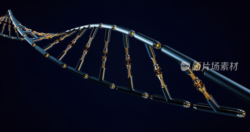 在黑色背景上3D渲染了未来机械DNA链的一部分，并为科学主题设置了复制空间