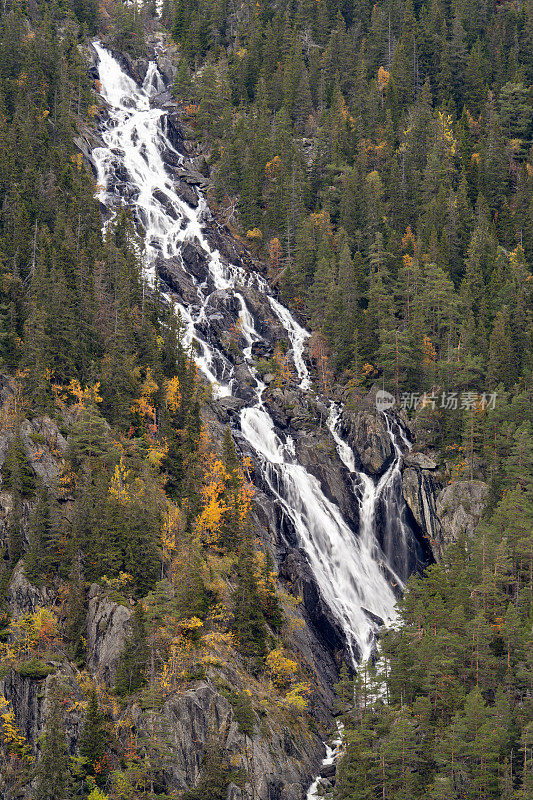 在Rjukan的野生挪威瀑布，在风景如画的秋天