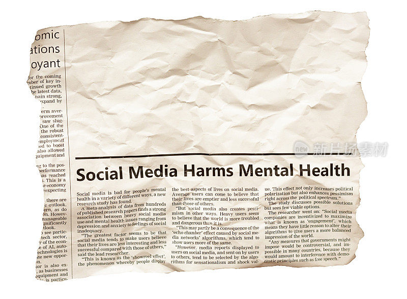关于社交媒体危害心理健康的标题和文章的剪报，有空间给你的副本