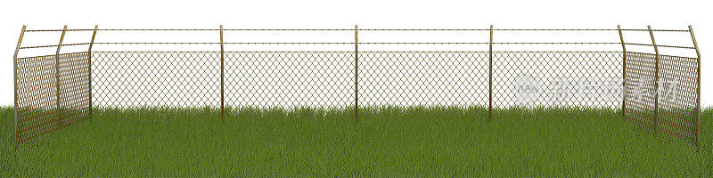 锈迹斑斑的铁链栅栏和倒刺铁丝网在绿草地上，白色的背景与修剪的路径隔离。