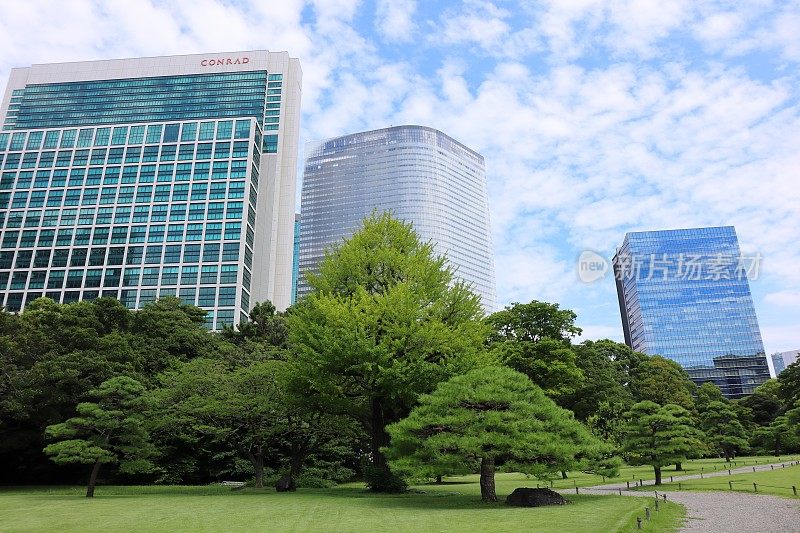 滨水花园的绿色植物和盐户的摩天大楼，日本，东京，中央地区