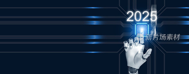 2025年新年快乐。人工智能，Ai，机器人手轻敲CPU，将年份转换为2025年，开始迎接即将到来的科技时代。
