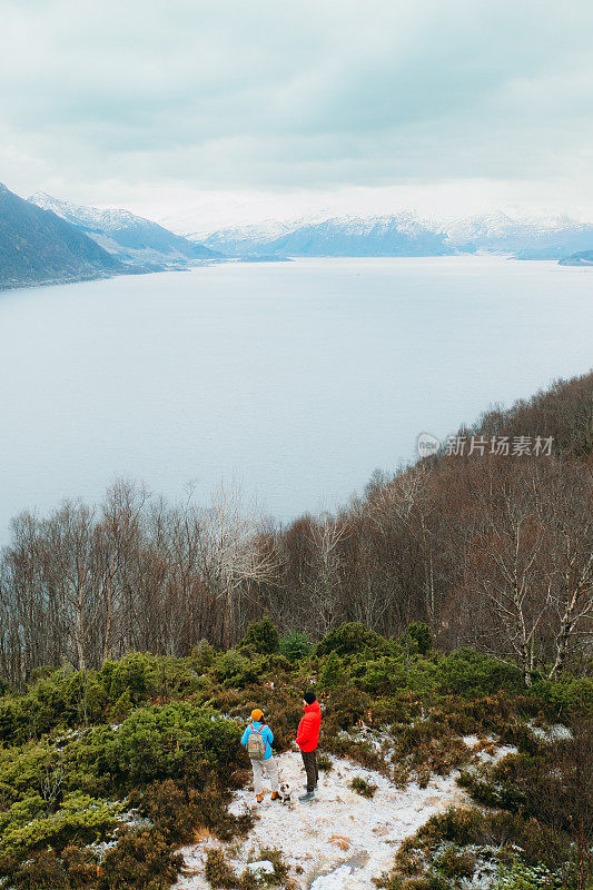 鸟瞰图:女人和男人带着狗呆在山顶上欣赏挪威冬季峡湾的风景