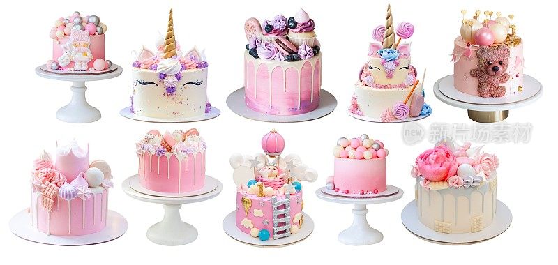 终极一套不同的美丽粉彩现代蛋糕。美味和柔软的甜点，适合任何场合。PNG，复制空间