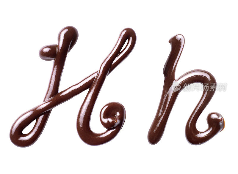 由融化的巧克力制成的拉丁字母的大小字母H，孤立在白色的背景上