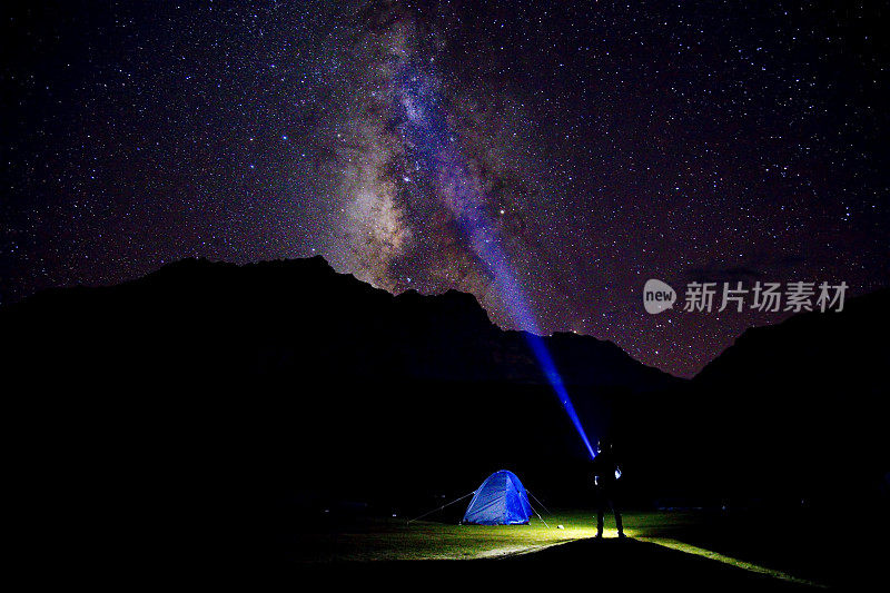 喜马拉雅山银河下孤独的露营者