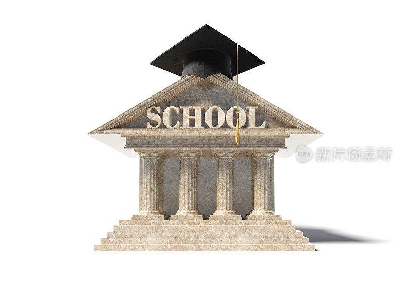 毕业概念3d学校建筑与黑色的学位帽