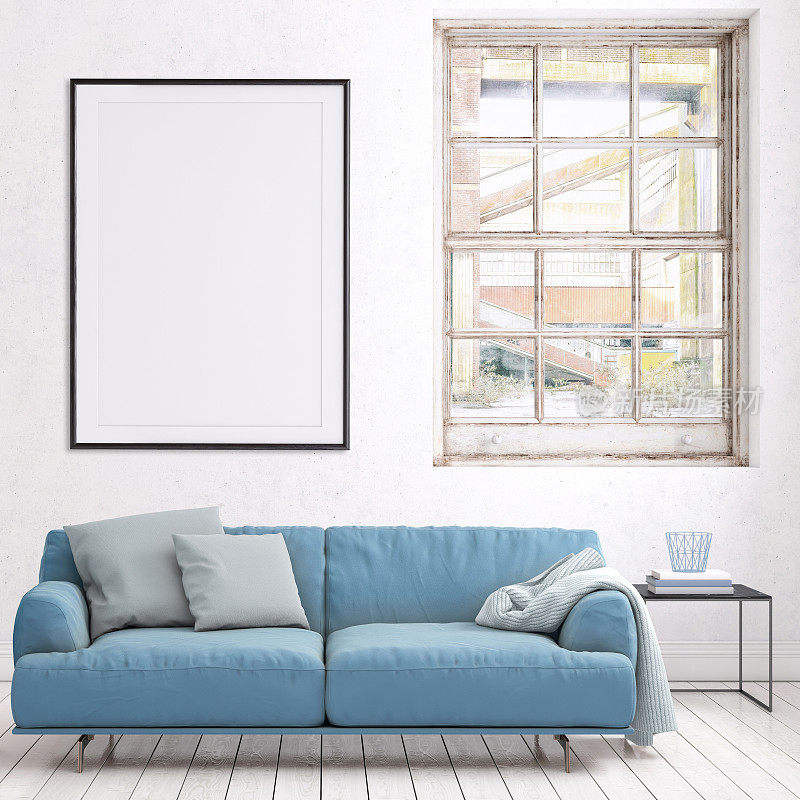 现代室内公寓与彩色沙发和画框模板