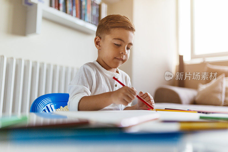 可爱的男孩在家里着色