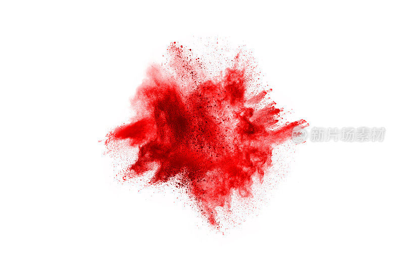 摘要白底红尘爆炸。抽象的红色粉末飞溅在白色背景上，红色粉末爆炸的冻结运动。