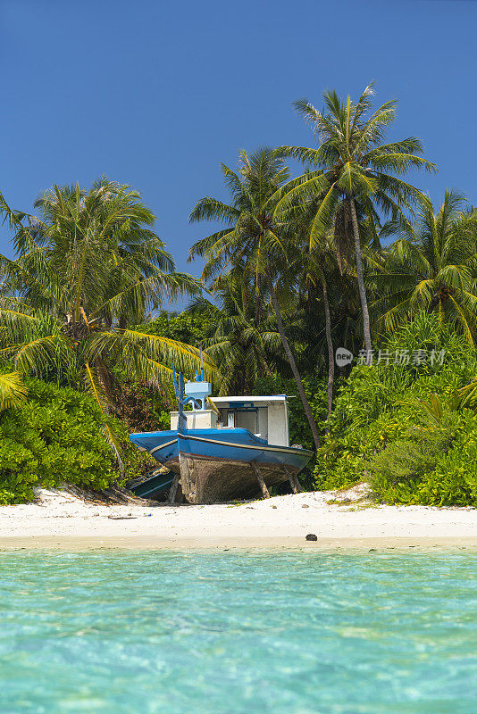 在马尔代夫Kaafu环礁的迪古拉岛海滩上的传统船只