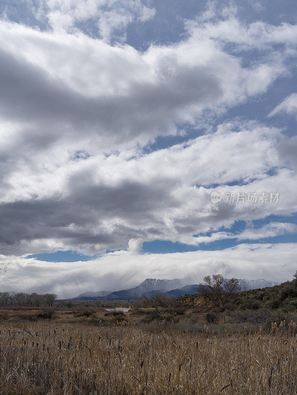 戏剧性的暴风雨云和遥远的暴风雪在山上。早春时节，美国科罗拉多州塞德附近70号公路上的景色。垂直缝高分辨率全景图。