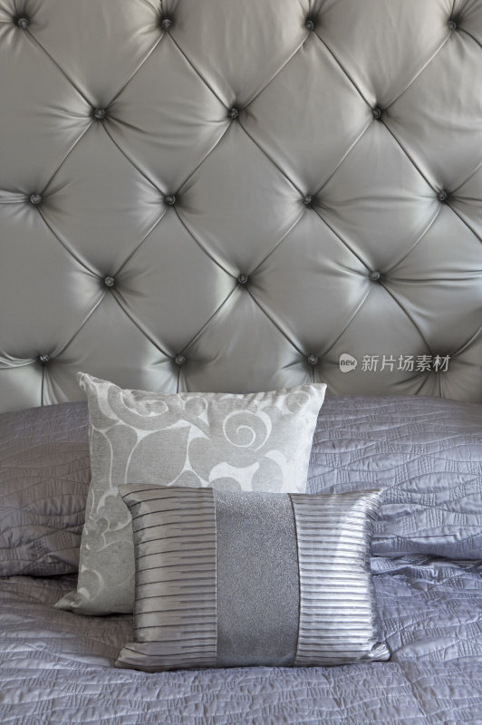 银色丝绸靠垫和床头板