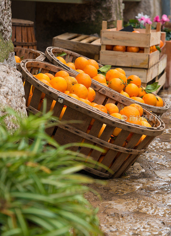 西班牙马略卡岛街头典型的装着橘子的篮子
