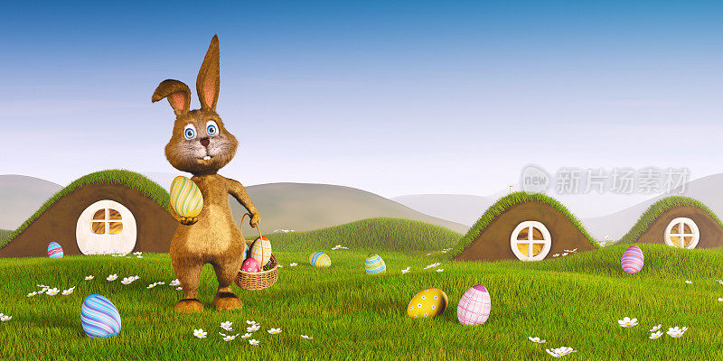 带着篮子和蛋的复活节兔子