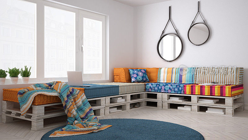 DIY托盘沙发沙发，斯堪的纳维亚白色生活，室内设计