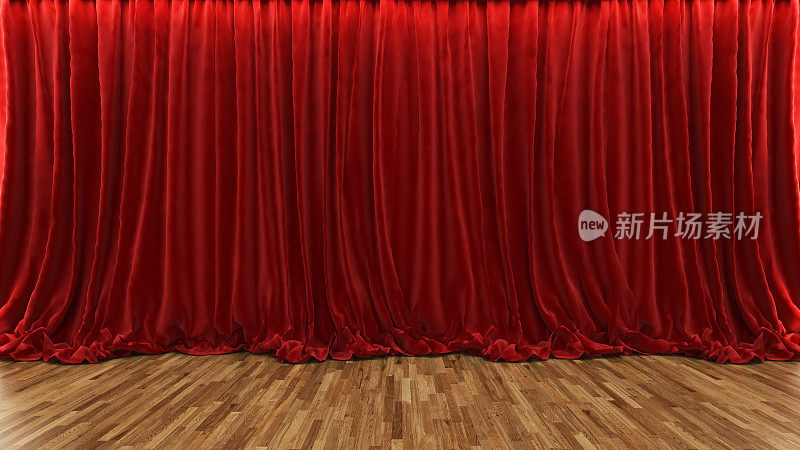 3d渲染剧场舞台，红色窗帘和木地板