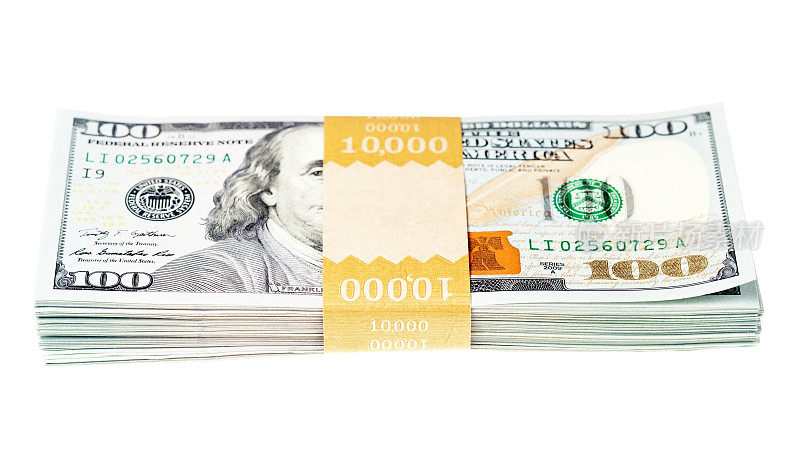 新的100美元钞票捆绑在白色