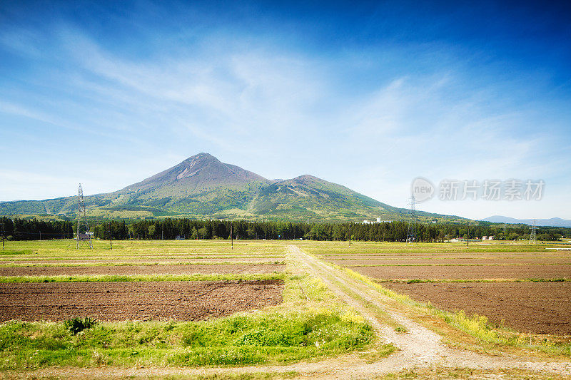 日本本州中部景观有山道和稻田