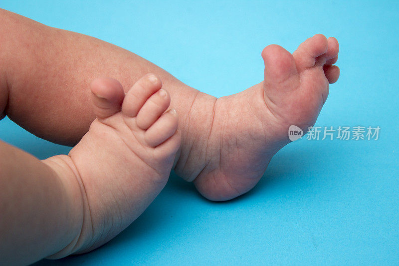 新生儿脚的低部分在蓝色背景
