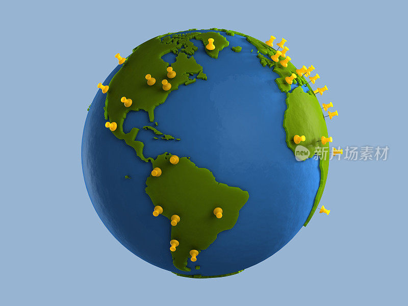 粘土球(美国)上的黄色图钉表示主要城市