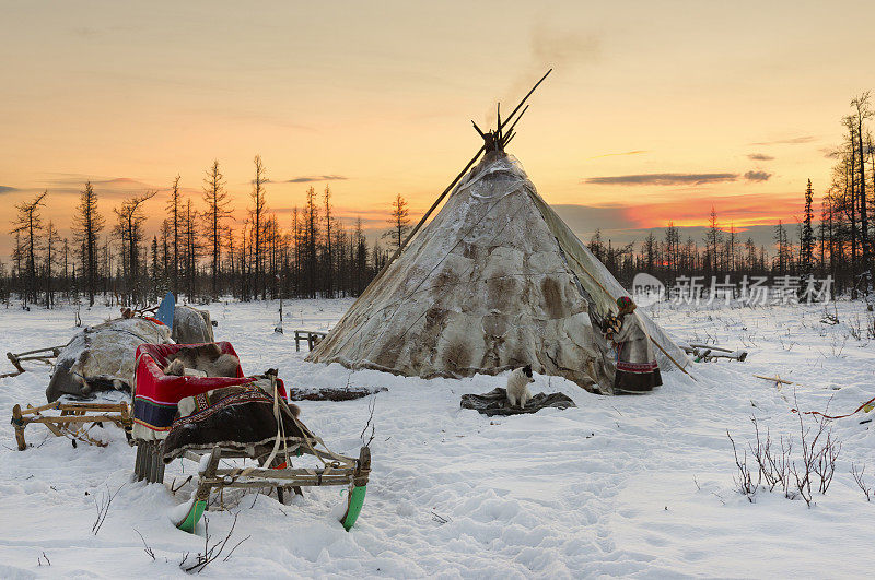 在一个霜冻的夜晚，一个游牧部落在极地苔原上的营地。
