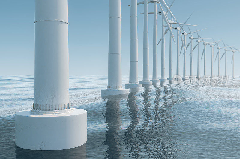 美丽的风力涡轮机在大海，大海。清洁能源、风能、生态理念。三维渲染