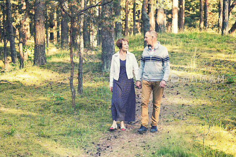 一对老年夫妇手牵着手走在森林小径上