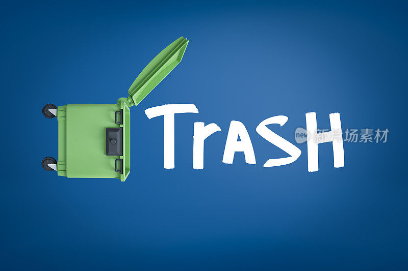 开放的绿色垃圾桶和蓝色背景上的白色“trash”标志的3d渲染
