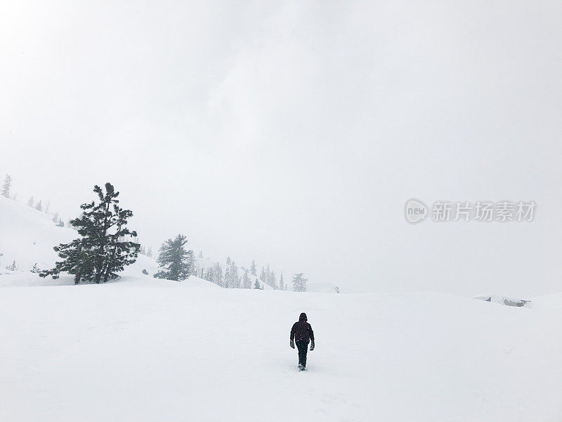 一个孩子在加利福尼亚山脉的暴风雪冒险