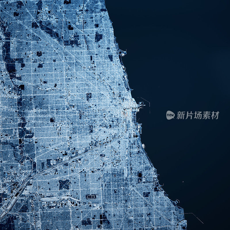 芝加哥伊利诺斯州3D渲染地图蓝色顶视图2019年10月
