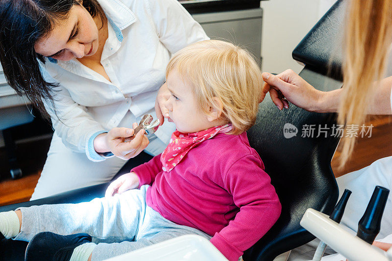 正牙医生正在检查小孩的牙齿
