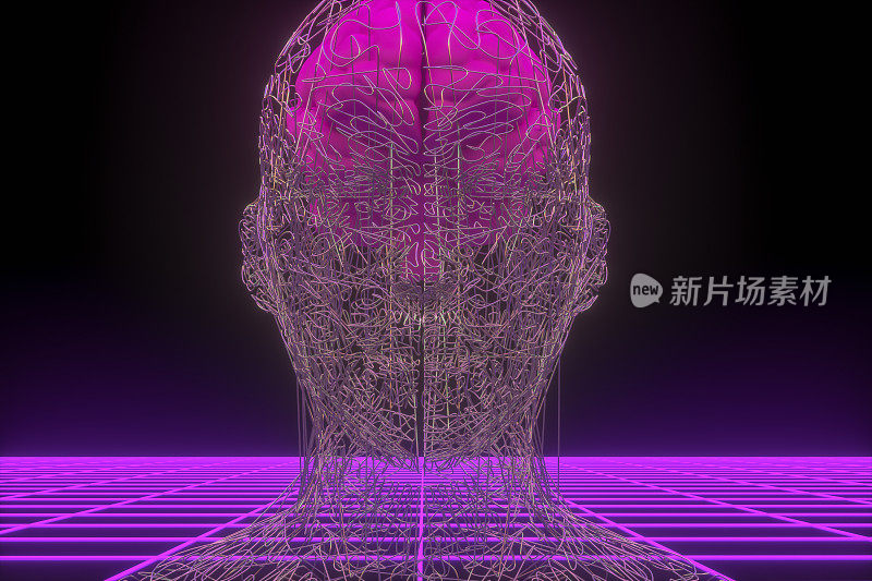 大脑，人工智能概念，有线形状的半机械人