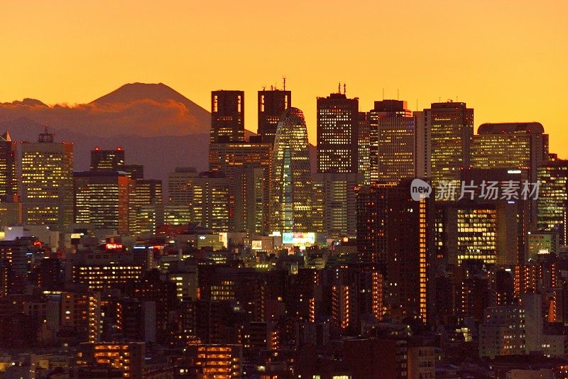 富士山和东京的天际线:白天和黑夜