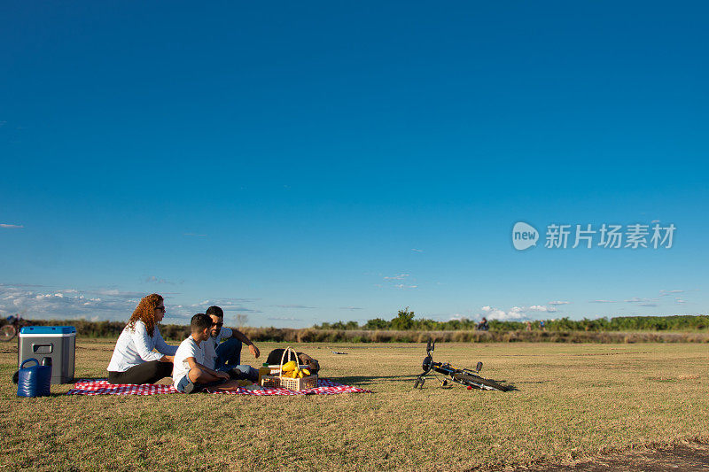 一家人在草地上和夏日的蓝天上野餐