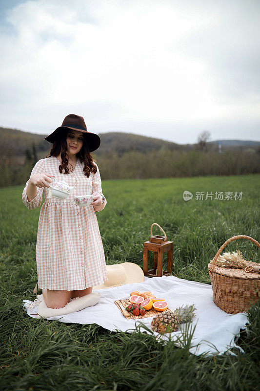 美丽的女人在大自然中喝茶和野餐，共度美好的户外时光