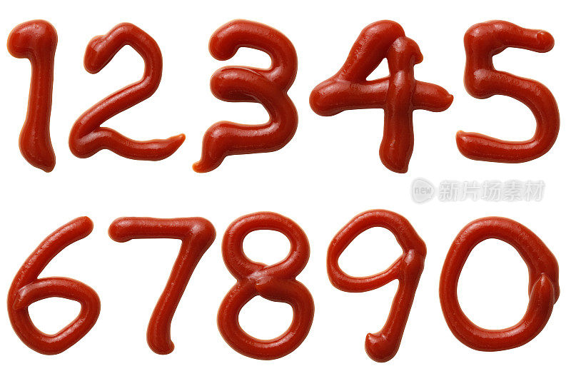 白色背景上由番茄酱制成的数字的孤立镜头