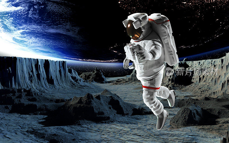 宇航员或宇航员在行星表面进行太空探索，背景是恒星场