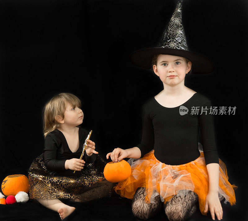 两姐妹装扮成女巫。黑色的衣服，有蜘蛛网的帽子，橙色的裙子。大一点的女孩拿着一个南瓜桶装糖果，小一点的拿着一根魔杖。黑色背景