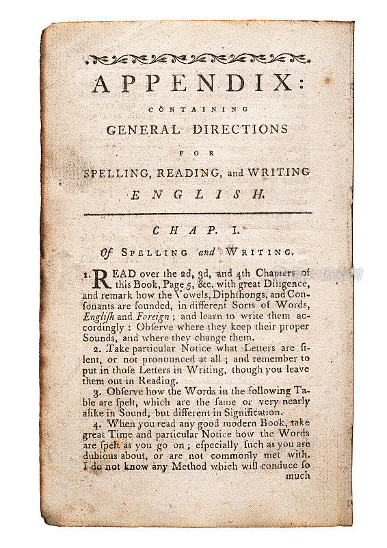 古董书页，附录，拼写，阅读和写作，英语语言，18世纪