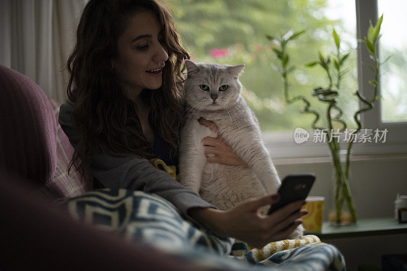 年轻女子和她的猫视频通话