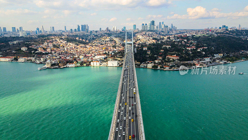 鸟瞰图，伊斯坦布尔博斯普鲁斯大桥，伊斯坦布尔城市视图，无人机在土耳其的4K图像，鸟瞰图的桥梁