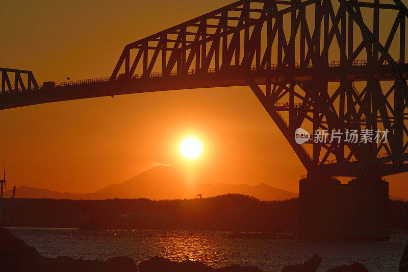 富士山上的日落，东京门桥下的景象:从东京若须海边公园看