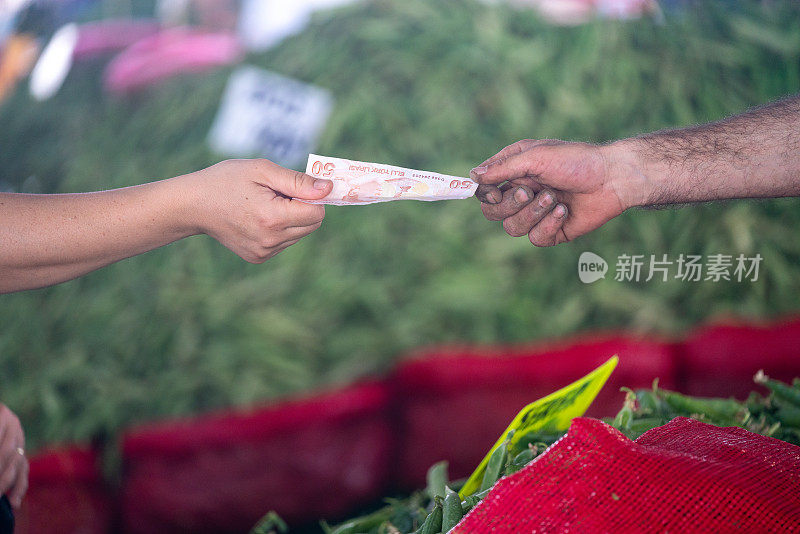 农贸市场买卖双方手的特写照片