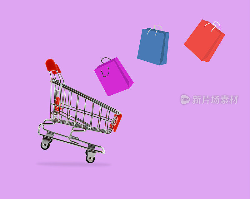 购物车与购物袋在紫色的背景